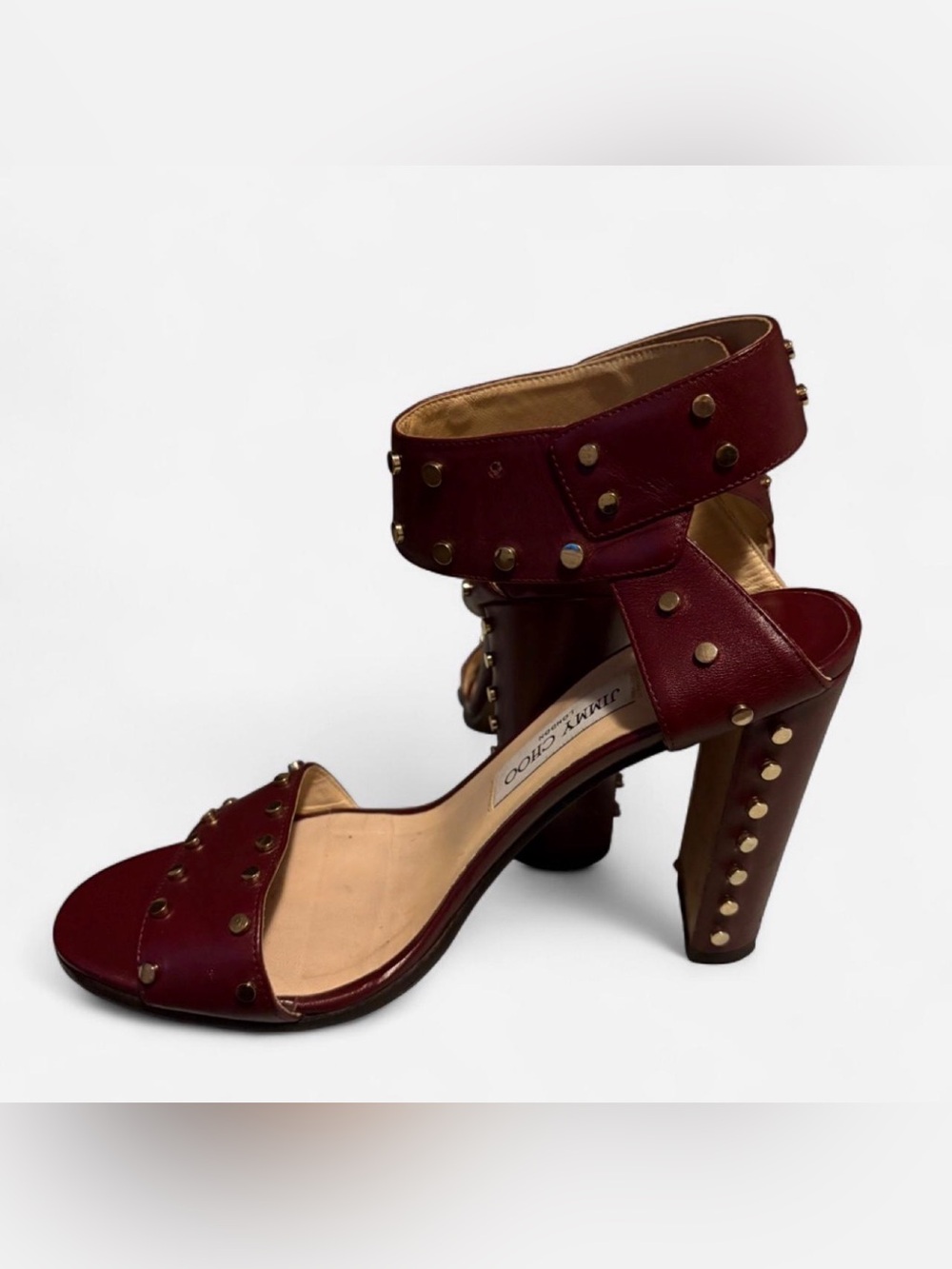 Jimmy Choo Burgundy Leather Studded Ankle-Strap Heels